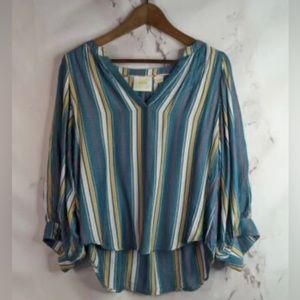 Maeve Anthropologie Small Blouse Peasant Byron Crop Stripe Balloon V Neck Top